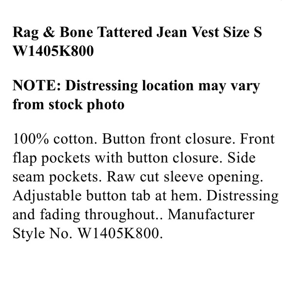 EUC Rag & Bone Distressed Jean Vest, Size XS - Picture 11 of 13